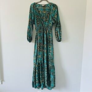 Anthropologie Boemo Green Paisley Long Sleeve V Neck Flowy Maxi Dress M